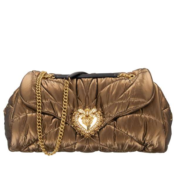 Quilted Nylon Crossbody Bag / Shoulder Bag DEVOTION Large with leather belt, outer pocket, jeweled heart buckle with DG Logo and structured metal chain strap by DOLCE & GABBANA