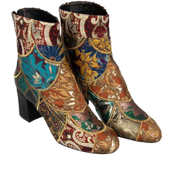 Round toe floral brocade patchwork and snake skin VALLY Boots in gold, red and blue by DOLCE & GABBANA