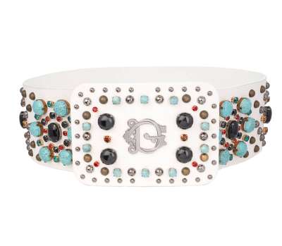 DG Logo Crystal Pearl Big Leather Belt White Silver 90 36