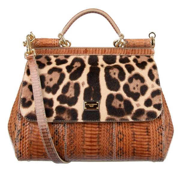 Palmellato leather and Fur Tote / Shoulder Bag SICILY in Brown and Leopard Print with logo plaque by DOLCE & GABBANA