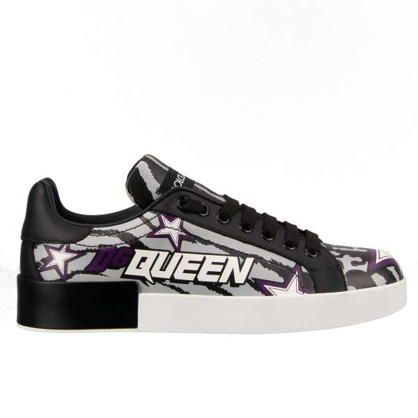 Leather Sneaker PORTOFINO with DG Queen Stars Print in black, gray, purple and white by DOLCE & GABBANA