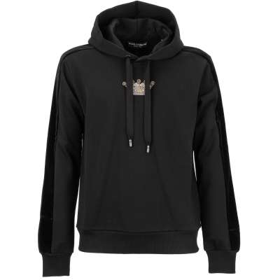 Cotton Hoodie with Crown Embroidery and Velvet Sleeves Black 46 S