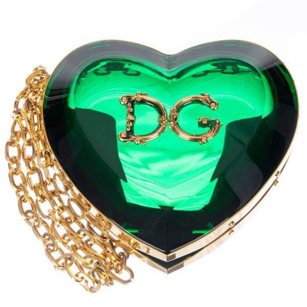DG Barock Logo beschmückte Herz Handtasche / Schultertasche / Clutch DOLCE BOX aus Plexiglas mit goldener Kette in grün von DOLCE & GABBANA
