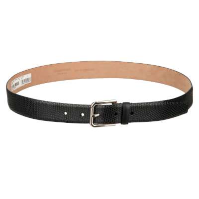 Silver Metal Buckle Lizard Leather Belt Black 90 36