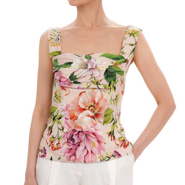 Seide Korsett Top mit Blumen Print in Pink und Grün von DOLCE & GABBANA