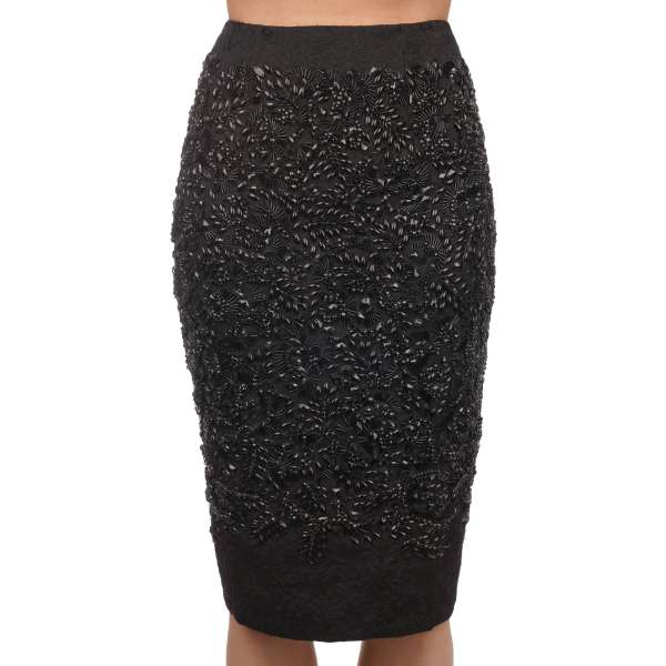 Unique jacquard skirt with crystals and pearls embroidery in black by DOLCE & GABBANA