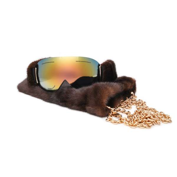 Gold-green mirrored lense Ski Goggles BI0723 with fur embellished strap and mink bag with chain and logo by DOLCE & GABBANA