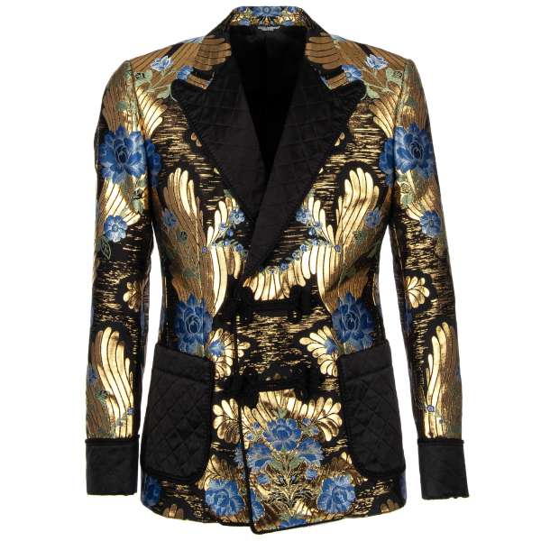 Floral Baroque Style lurex tuxedo / blazer in blue with rope fastening and contrast black quilted peak lapel, cuffs and pockets by DOLCE & GABBANA