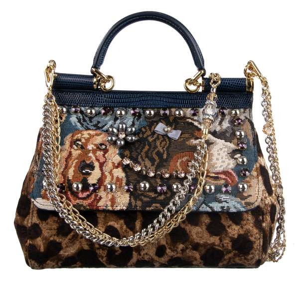 Textile and lizard skin, leopard printed Tote / Shoulder Bag MISS SICILY with embroidered dogs and crystals and pearls applications by DOLCE & GABBANA Black Label