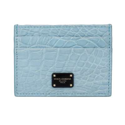 Crocodile Leather Card Etui Wallet with Black Logo Plate Light Blue