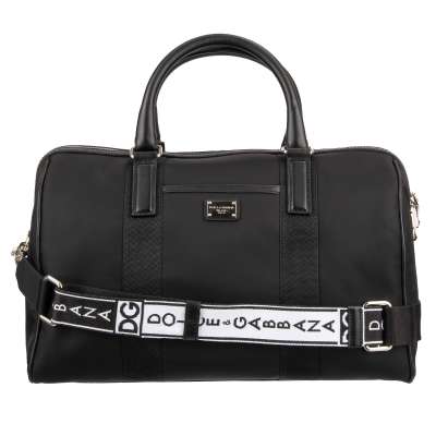 Canvas Weekender Duffle Bag with Logo Strap and Leather Details Black