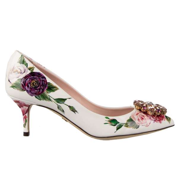 Pointed patent leather Pumps BELLUCCI with crystals brooch and peony print by DOLCE & GABBANA