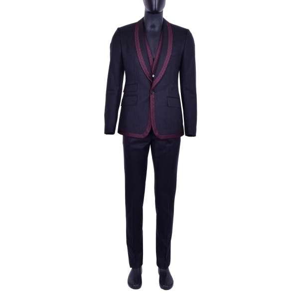 3-pieces virgin wool suit with round contrast polka dot reverse in Bordeaux color by DOLCE & GABBANA Black Line