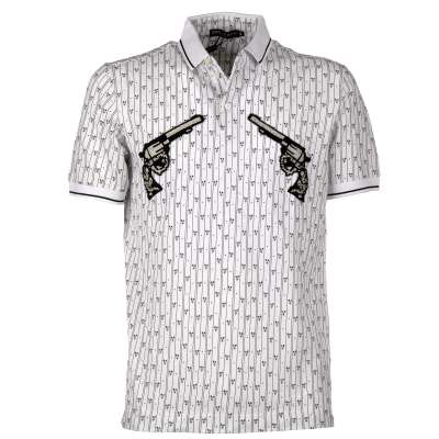 Striped Cotton Polo Shirt with Embroidered Pistols White Black