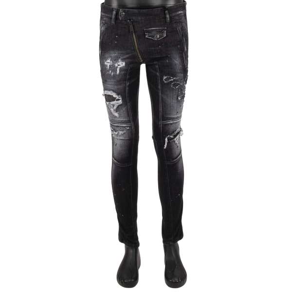 Distressed schmal geschnittene 5-Pockets Jeans mit Dsquared Logo in schwaruz und grau von DSQUARED2