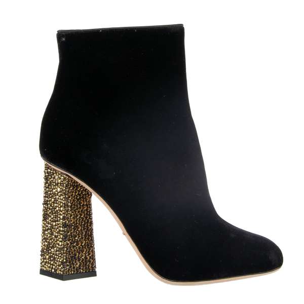 Velvet Short Boots JACKIE with zip fastening and with crystals embellished heel by DOLCE & GABBANA