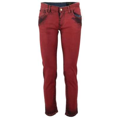 Distressed Stretch 5-Pockets Jeans GOLD with Logo Plate Red