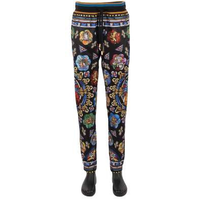 Satin Jogginghose mit Royal King Wappen Print Schwarz Gold 48 M