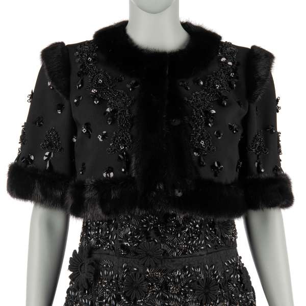 Bolero jacket with embroidered crystals, pearls, sequins and mink fur in black by DOLCE & GABBANA