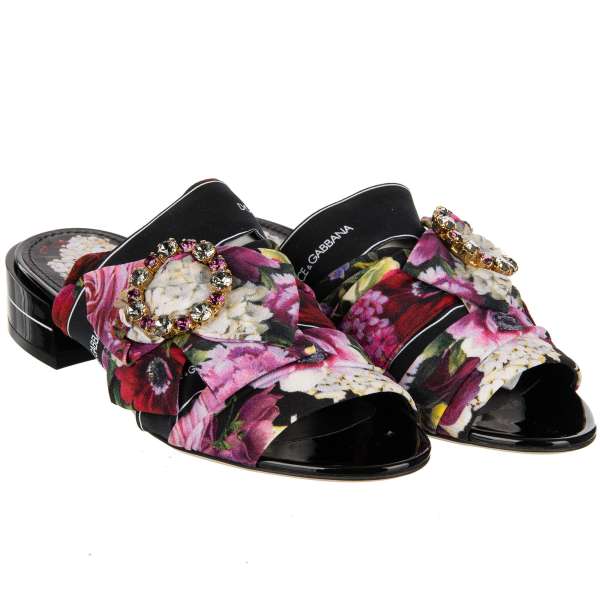 Patent Leather Roses Sandals KEIRA with crystals embellished buckle and DG logo heel in pink and black by DOLCE & GABBANA