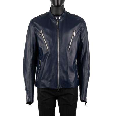 Biker Leather Jacket w. Pockets Blue 52