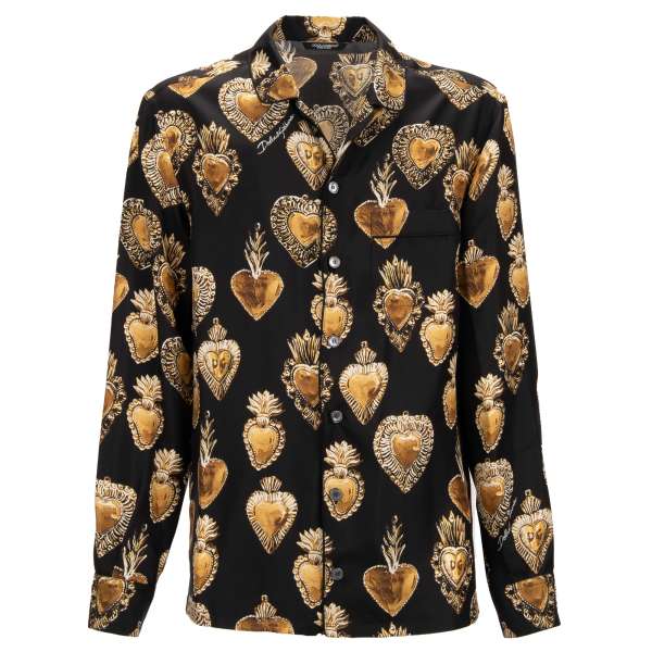Silk shirt with Sacred Heart print and front pocket in black by DOLCE & GABBANA