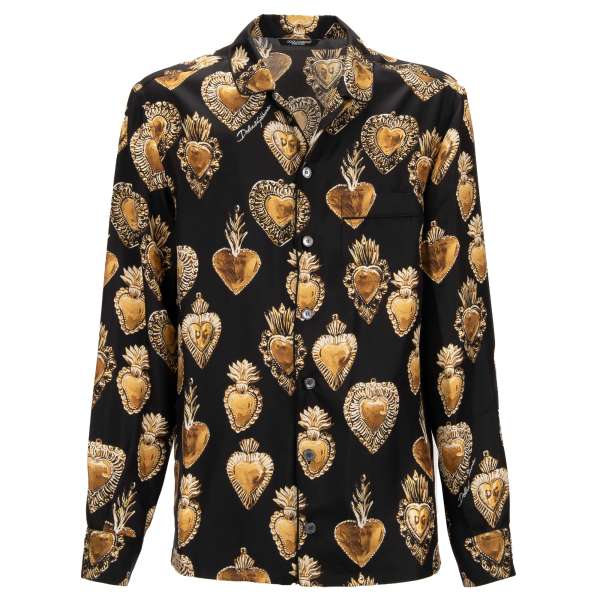 Seide Hemd mit Sacred Heart / Herzen Print und eine Tasche vorne in schwarz und gold von DOLCE & GABBANA 