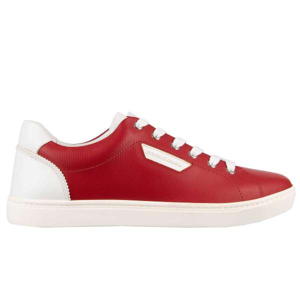 Klassische Kalbsleder Sneaker LONDON mit Logo-Schild in Rot - Weiss von DOLCE & GABBANA