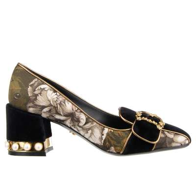 DG Golden Baroque Logo Velvet Pearl Heel Pumps JACKIE Black