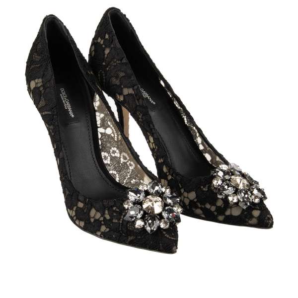 Taormina lace pointed Pumps BELLUCCI with crystals brooch in black by DOLCE & GABBANA