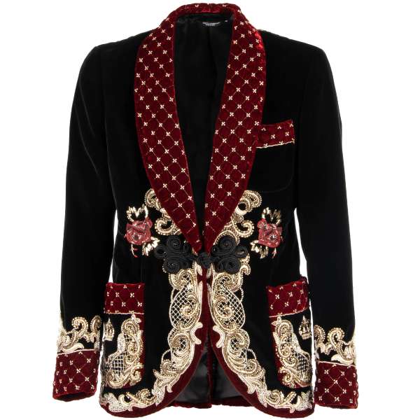 Stunning Baroque Style velvet tuxedo / blazer with handmade golden seam and pearls all-over embroidery, rope fastening studded shawl lapel and pockets by DOLCE & GABBANA