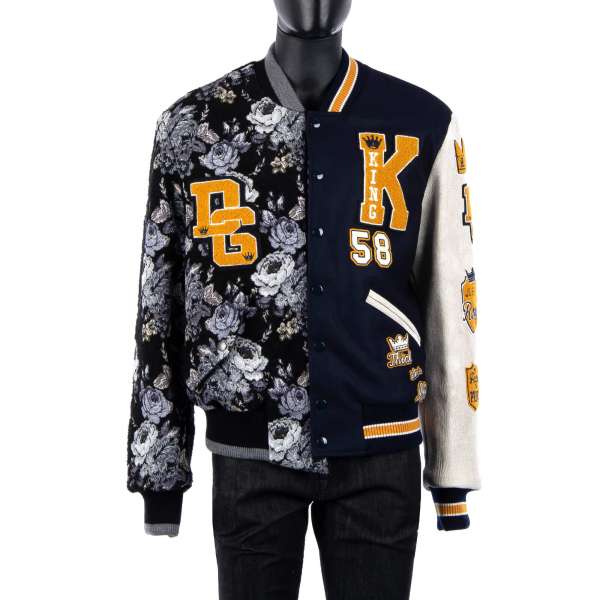 Collared and stuffed varsity / military jacket out of two different designs made of floral brocade wool and leather with DG King / Royal / Logo applications and leather arm by DOLCE & GABBANA Black Line