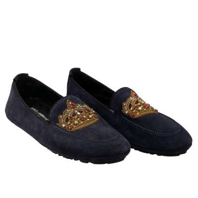 Crystal Gold Crown Suede Loafer Shoes KING DRIVER Blue