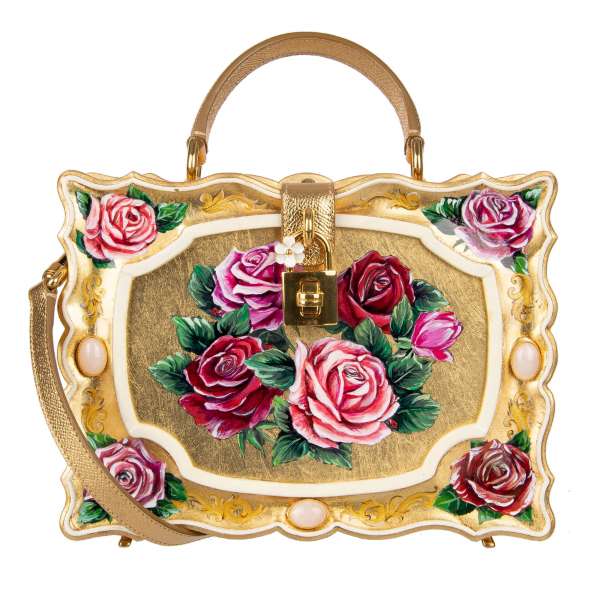 Wood Baroque bag / shoulder bag / clutch DOLCE BOX with hand painted roses, crystals and decorative padlock with flower in gold, pink and green by DOLCE & GABBANA