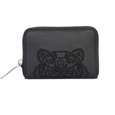 Tiger Embroidered Leather Coin Wallet Purse Black