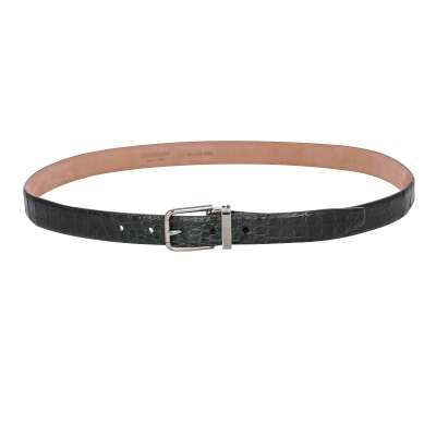 Metal Buckle Croco Leather Belt Green Silver 95 38