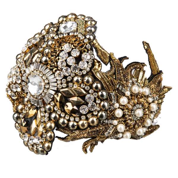 Silk Hairband embelished with hand made goldwork embroidery, pearls, crystals and beads in gold by DOLCE & GABBANA