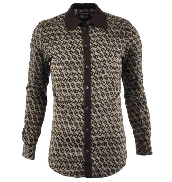 Cotton Shirt GOLD with knitted collar and geometric print by DOLCE & GABBANA