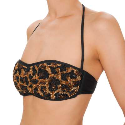 Bandeau Bikini Bra mit Pailletten Stickerei und Leopard Print Schwarz