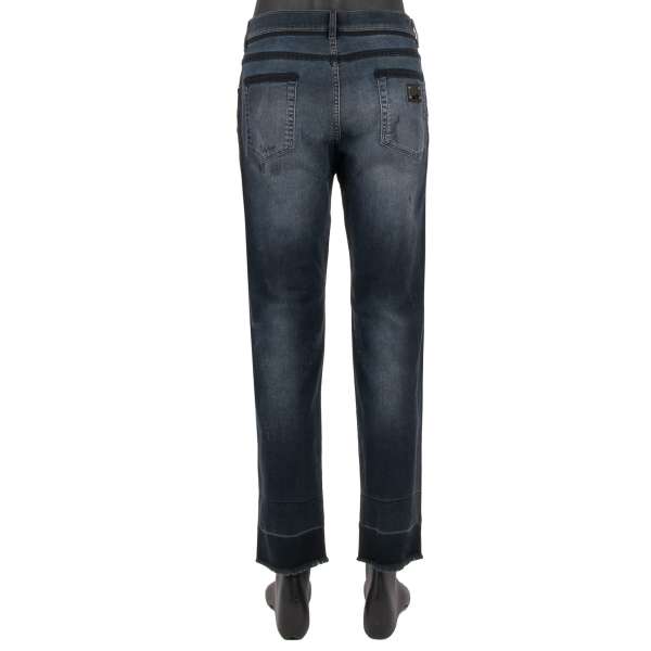 Distressed 5-pockets Jeans SLIM with a metal logo plate and contrast stripes by DOLCE & GABBANA