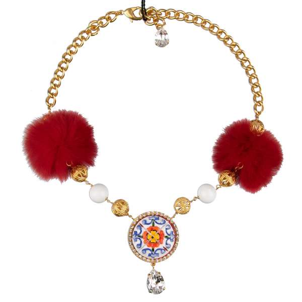 Chocker necklace with filigree details, majolica pendant, crystals and fur elements in gold by DOLCE & GABBANA