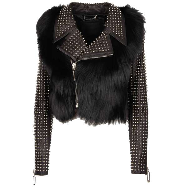 Studded short biker style fox fur and nappa Leather Jacket MONDAY in black by PHILIPP PLEIN COUTURE
