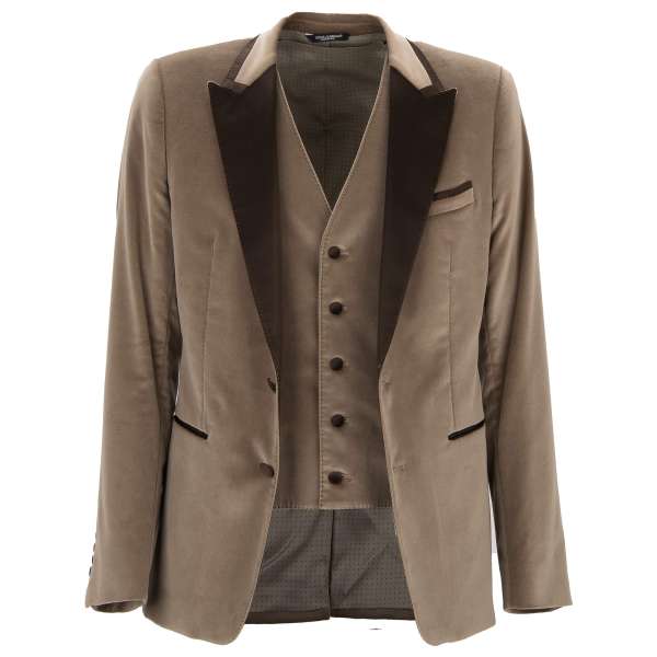Silk peak lapel velvet blazer with vest in beige and brown by DOLCE & GABBANA