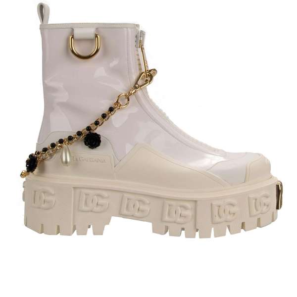 Plateau Patent Calf and Faux Leather Blend Biker Boots with DG metal logo in front and two pearl and rose chains in white and gold by DOLCE & GABBANA