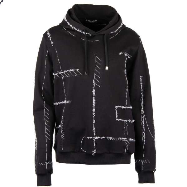 Hoody / Sweatshirt in destroyed look with white seam embroidery by DOLCE & GABBANA Black Line