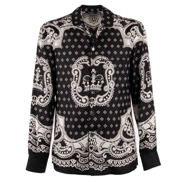 Silk shirt with crown, geometric print and front pocket in black and white by DOLCE & GABBANA
