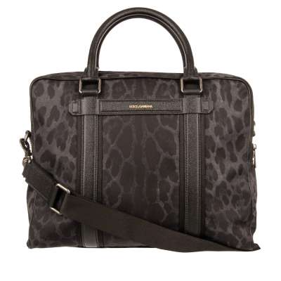 Leopard Printed Nylon Briefcase Bag with Logo and Pockets Black Gray