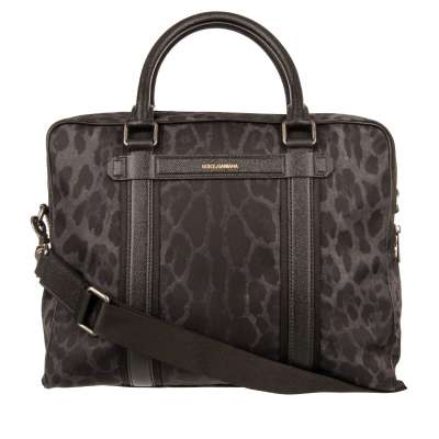 Aktentasche aus Nylon mit Leopard Print, Logo und Leder Details Schwarz Grau