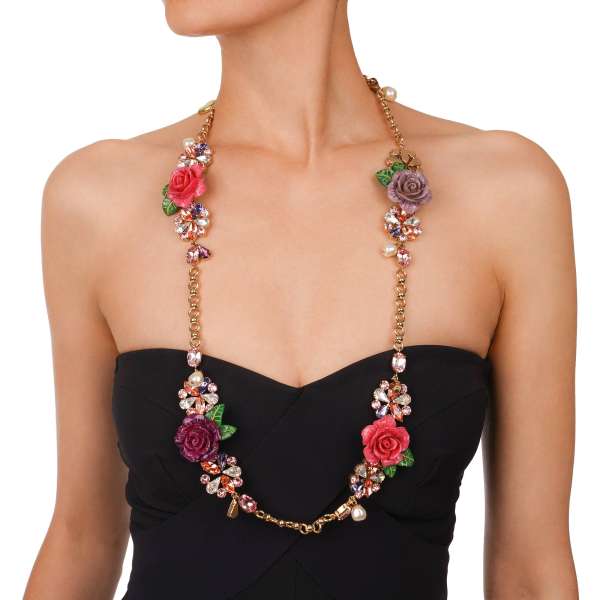  Long necklace with colorful crystals, pearls, hand painted roses, and cameo pendant in pink, purple and gold by DOLCE & GABBANA