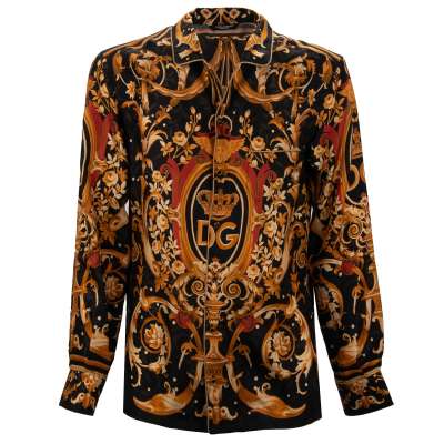 DG Logo Baroque Crown Crystal Wide Fit Silk Shirt Black Gold